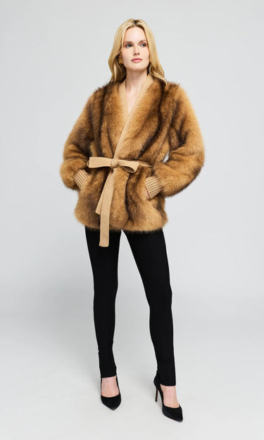 Generation Love Heloise Faux Fur Belted Wrap Jacket in Toasted Brown