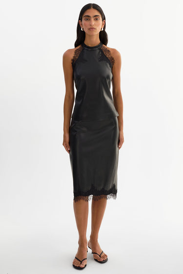 Lamarque Ginny Lace Trim Faux Leather Top in Black