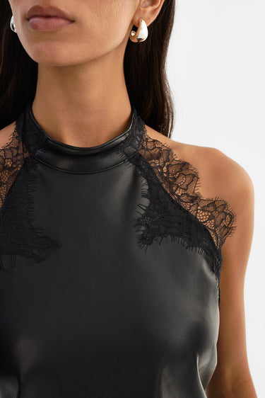 Lamarque Ginny Lace Trim Faux Leather Top in Black