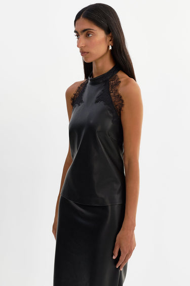 Lamarque Ginny Lace Trim Faux Leather Top in Black