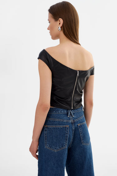 Lamarque Ines Off Shoulder Faux Leather Top in Black