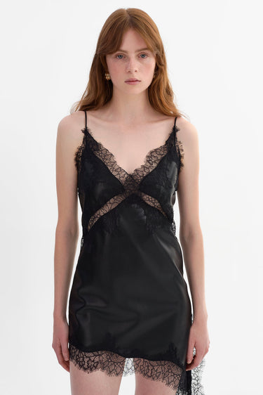 Lamarque Paulina Lace Trim Faux Leather Mini Dress in Black