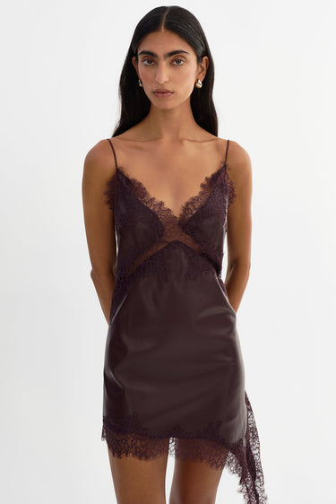 Lamarque Paulina Lace Trim Faux Leather Mini Dress in Vamp