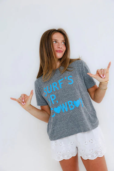 Sunny Somewhere Surf's Up Cowboy Everyday Tee in Heather Grey
