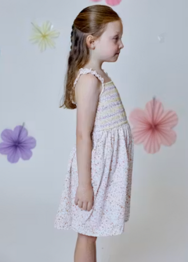 Design History Girls Ruffle Smocked Ruffle Strap Dress in Pink Floral