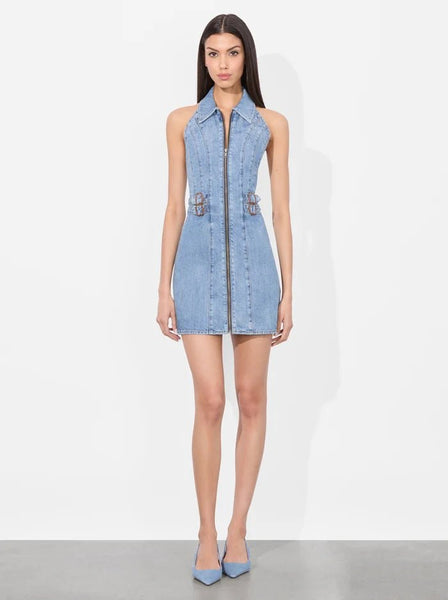 alice and olivia denim mini dress Alice + Olivia Axelle Denim Mini Dress in Peyton Vintage Blue