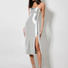 Alice + Olivia Kelly Shiny Vegan Leather Midi Dress in Silver - Estilo Boutique