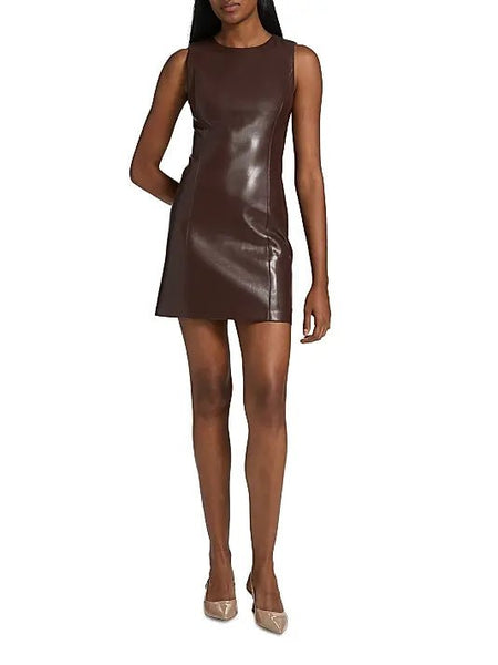 Alice + Olivia Lena Vegan Leather Mini Dress in Chocolate