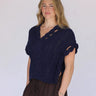 Archer Cashmere Marie Cable Short Sleeve V Neck in Navy