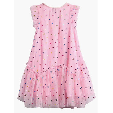 Ava & Yelly Girls Foil Heart Mesh Trapeze Party Dress in Pink