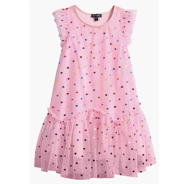 Ava & Yelly Girls Foil Heart Mesh Trapeze Party Dress in Pink