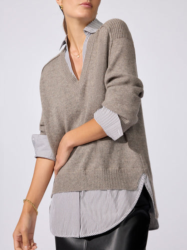 Brochu Walker The Looker Layered V-Neck in Otter Melange with Flint Stripe
