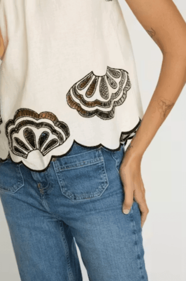 Caballero Hadley Top in White Black Embroidery