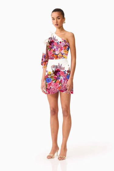 Elliatt Alice One Shoulder Mini Dress in Ombre Floral in White