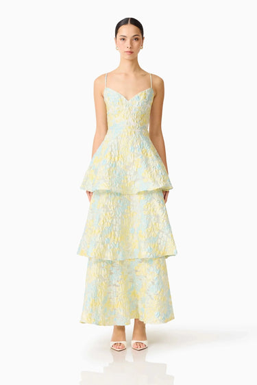 Elliatt Penelope Tiered Gown in Yellow Blue Floral
