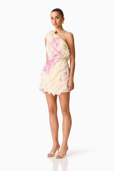 Elliatt Rova One Shoulder Mini Dress in Cream Pink Floral