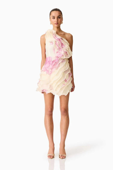 Elliatt Rova One Shoulder Mini Dress in Cream Pink Floral