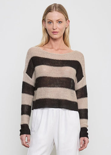 Enza Costa Stripe Linen Bateau Sweater in Black Oatmeal