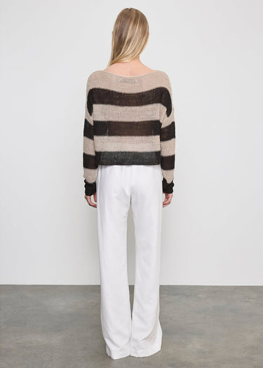 Enza Costa Stripe Linen Bateau Sweater in Black Oatmeal
