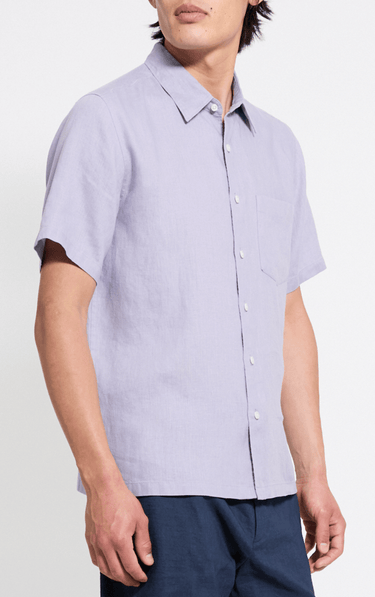 Theory Irving Structure Short Sleeve Linen Shirt in Gray Lilac
