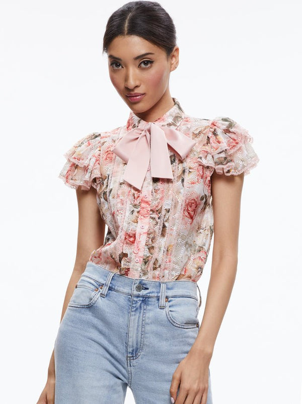 Alice + Olivia Minda Ruffle Sleeve Blouse in Morningside