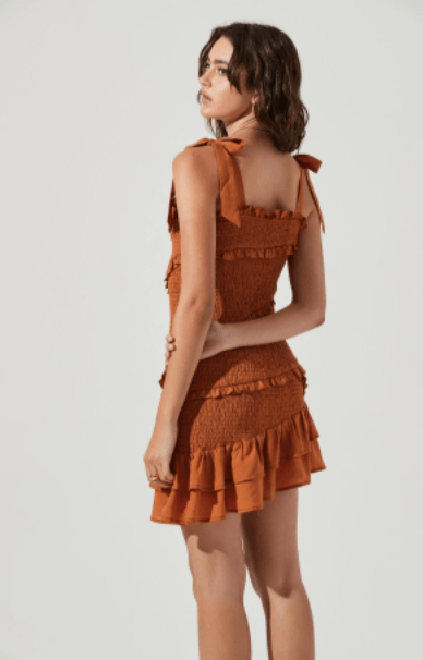 ASTR Eastwick Smocked Ruffle Mini Dress in Brown - Estilo Boutique