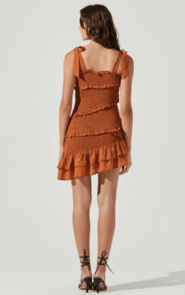 ASTR Eastwick Smocked Ruffle Mini Dress in Brown - Estilo Boutique