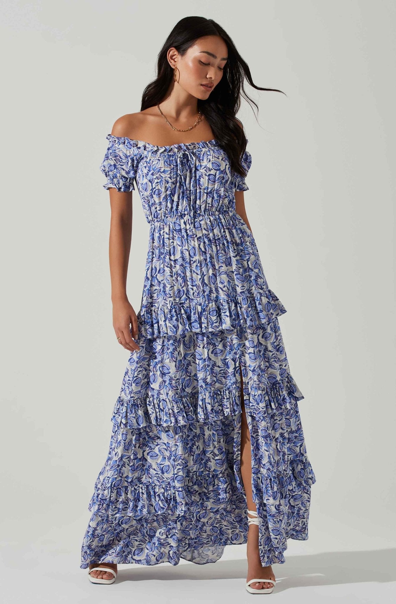 ASTR Viona Floral Off Shoulder Maxi Dress in Blue White Multi - Estilo Boutique