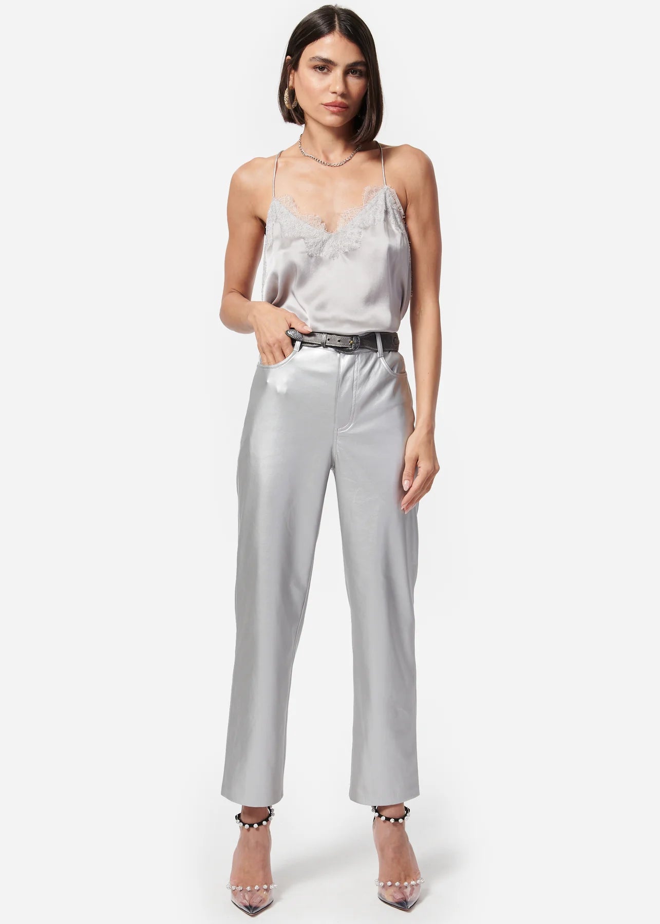 Cami Hanie Vegan Leather Pant in Silver - Estilo Boutique