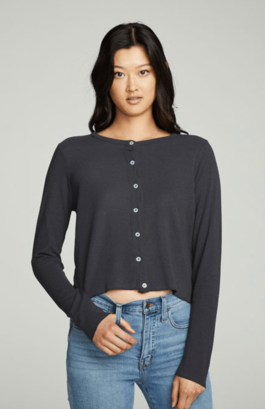 Chaser Long Sleeve Button Down Semi Cropped Tee in Phantom - Estilo Boutique