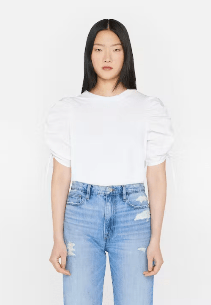 Frame Ruched Tie Sleeve Tee in Blanc - Estilo Boutique
