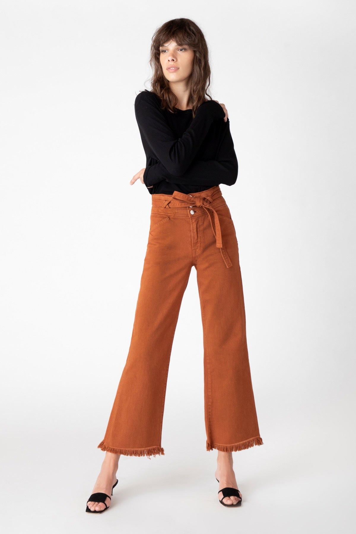 Cropped wide leg trousers in cotton/linen, length 24.5