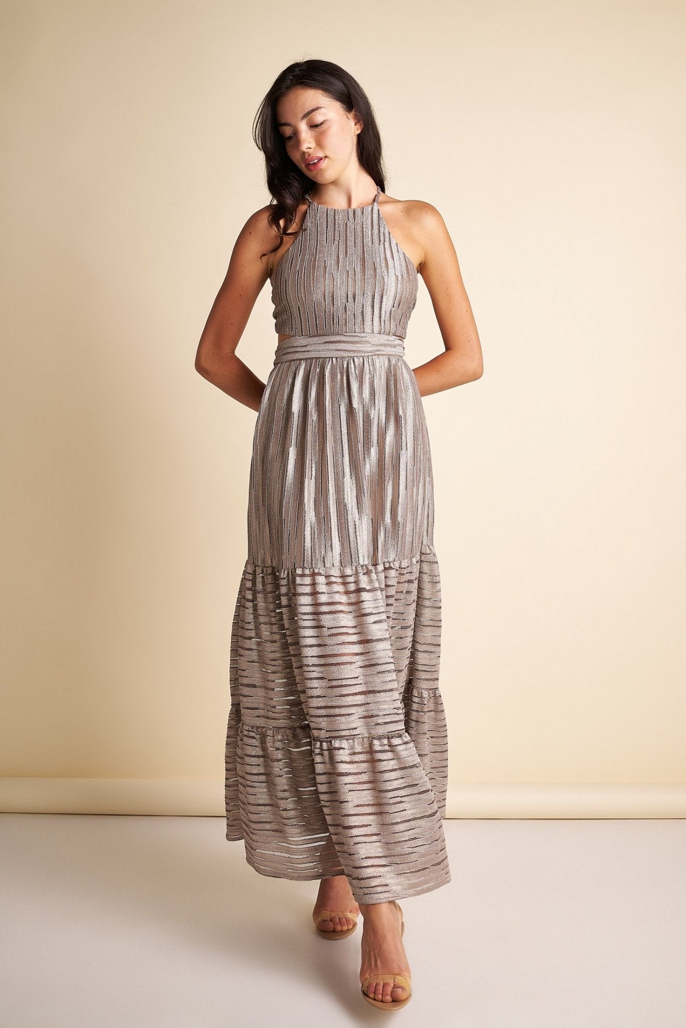 Lace Halter Maxi Dress in Bronze - Estilo Boutique