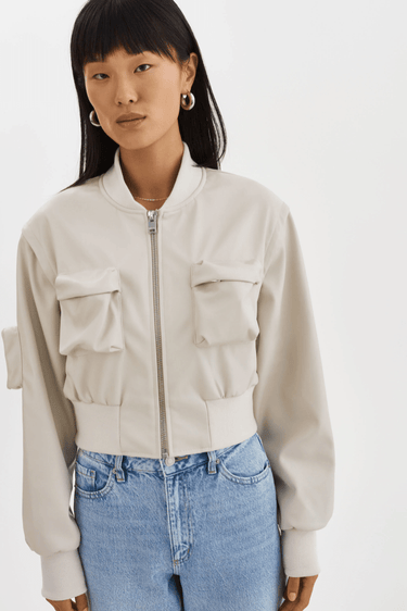 Lamarque Xaia Faux Leather Convertible Bomber Jacket in Bone - Estilo Boutique