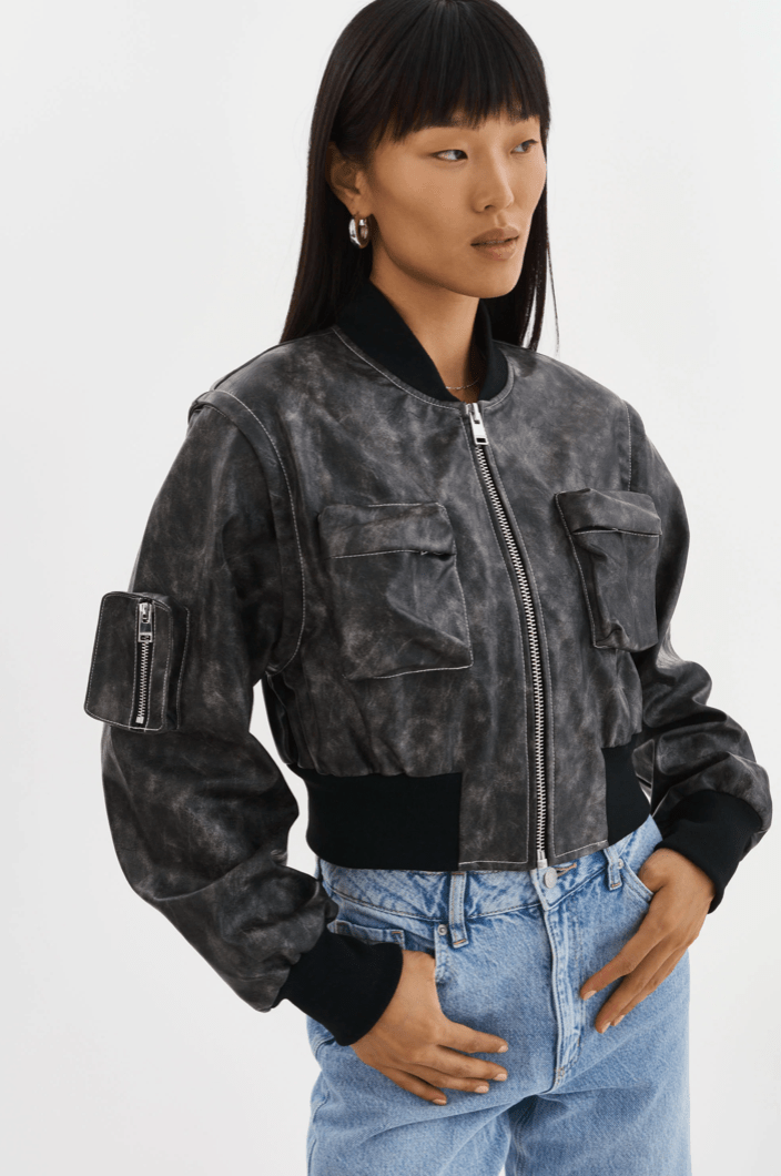 Lamarque Xaia Faux Leather Convertible Bomber Jacket in Vintage Black - Estilo Boutique