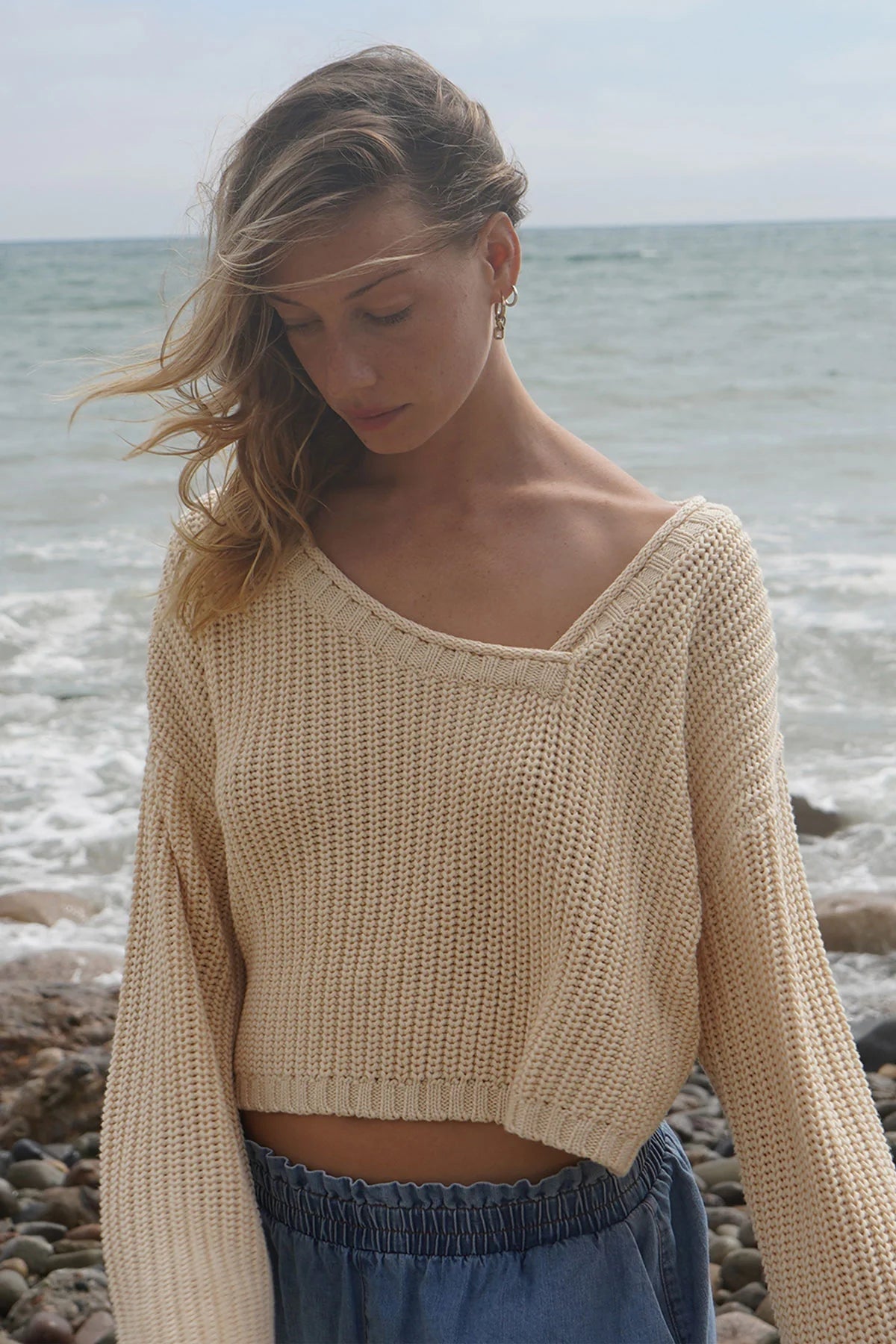 LNA Angle V Neck Sweater in Natural - Estilo Boutique