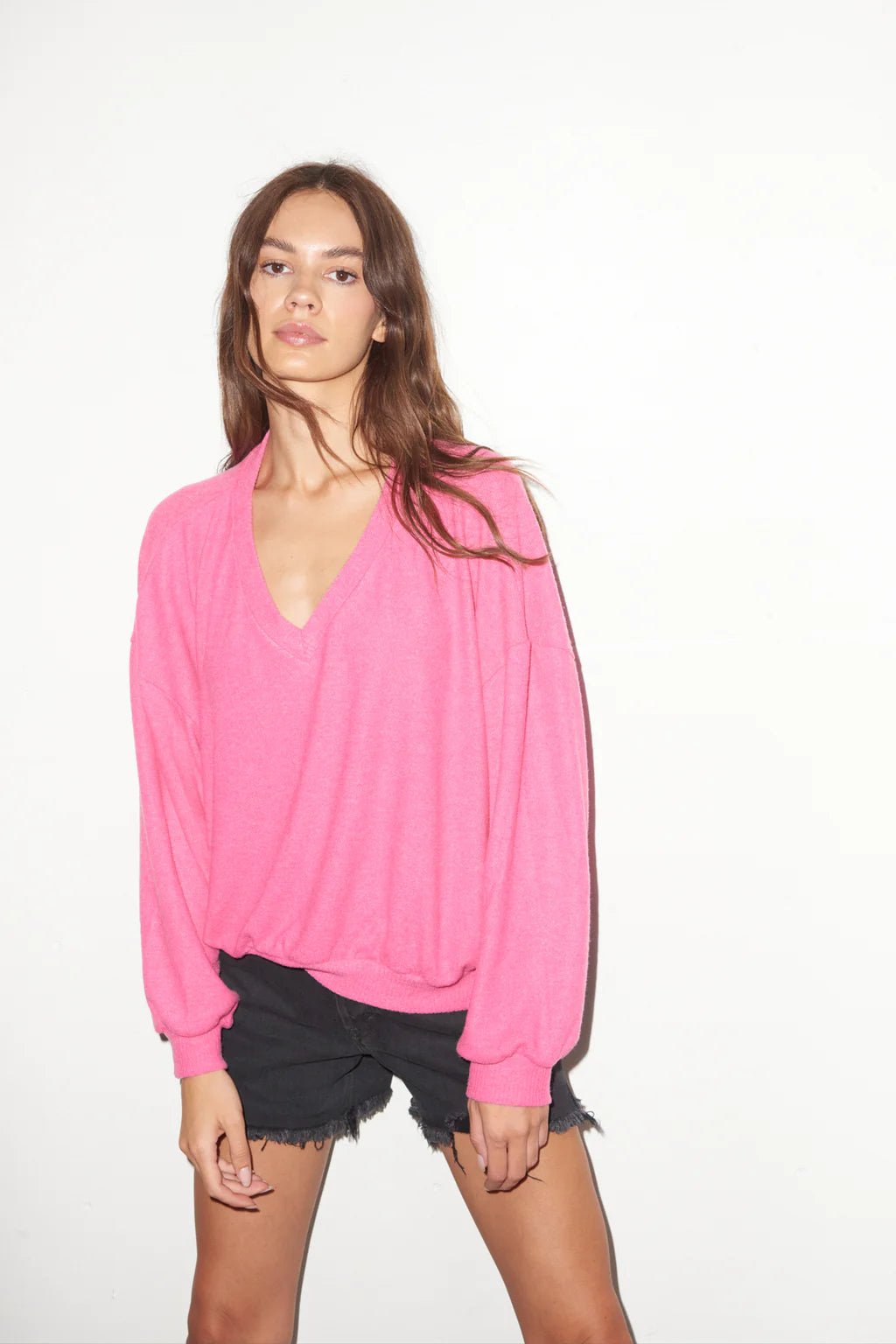 LNA Brushed V Neck Pullover in Pink - Estilo Boutique