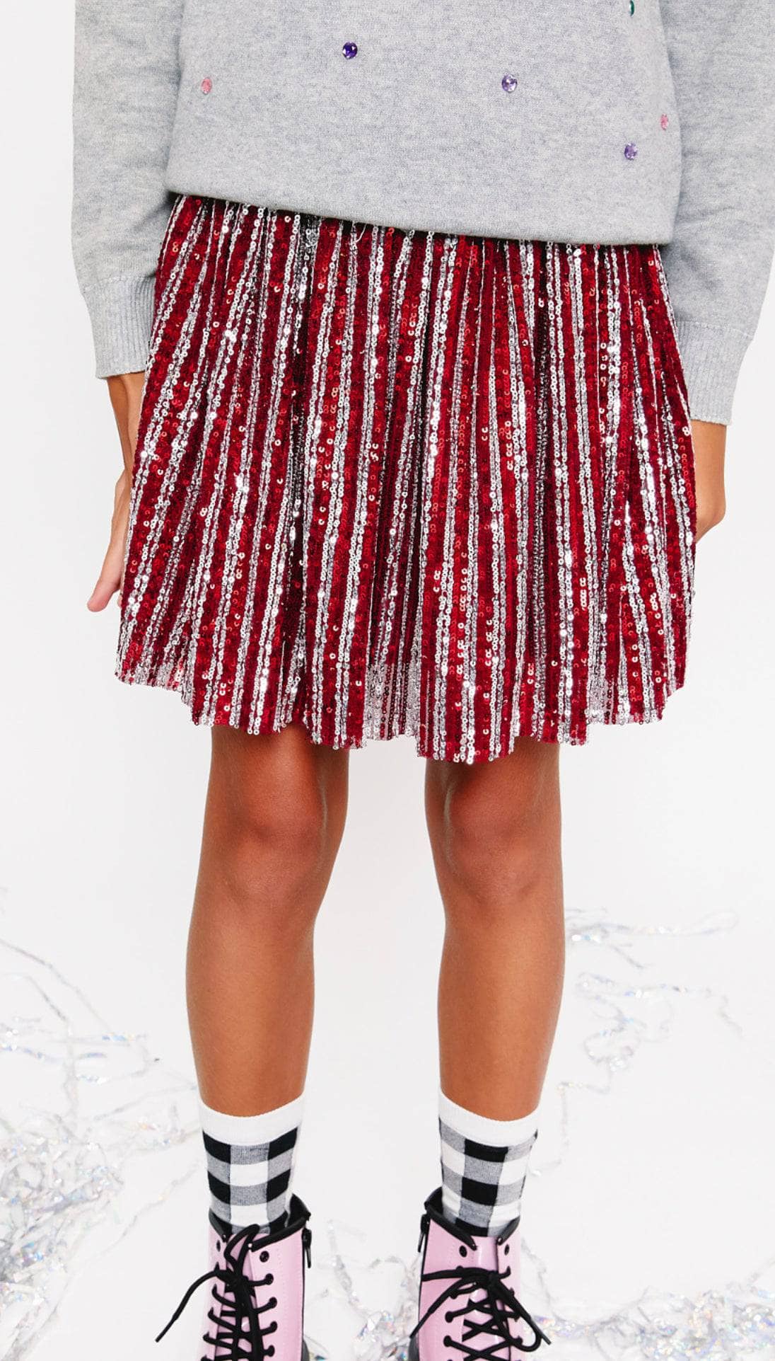 Lola and the Boys Candy cane Sequin Striped Skirt in Red - Estilo Boutique