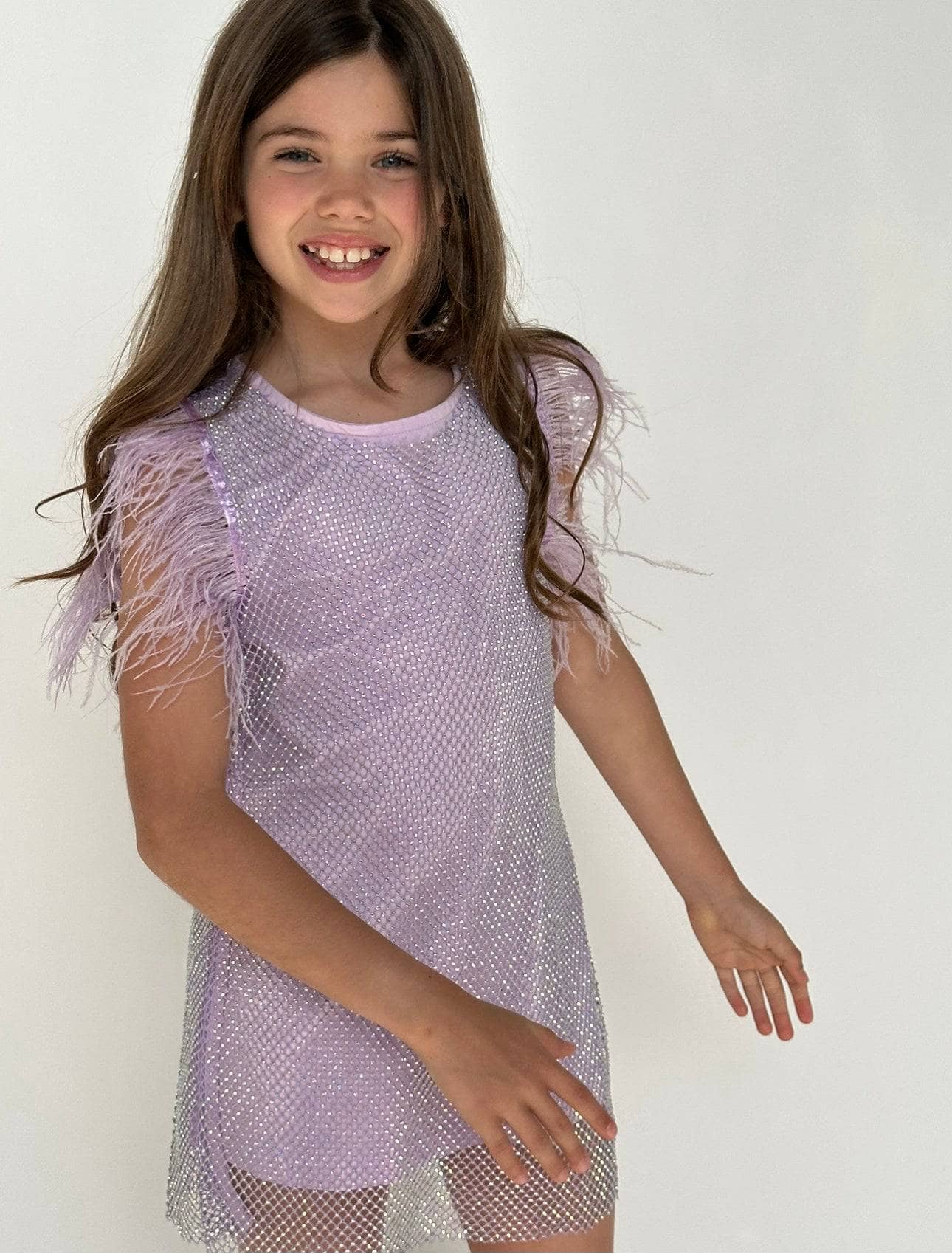 Lola and the Boys Crystal Feather Dress in Lavender - Estilo Boutique