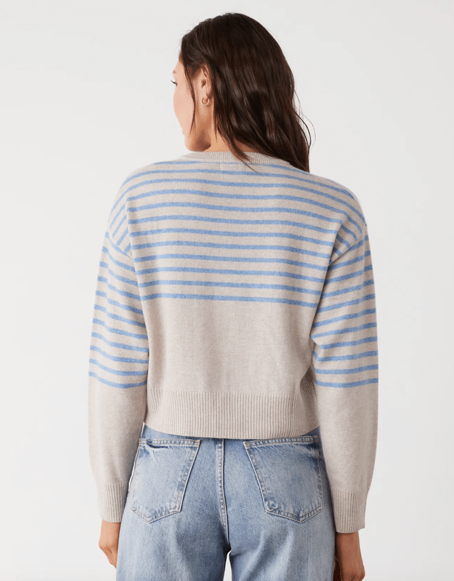 Monrow Wool Cashmere Stripe Crew Neck Sweater in Oatmeal/Light Blue - Estilo Boutique