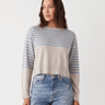 Monrow Wool Cashmere Stripe Crew Neck Sweater in Oatmeal/Light Blue - Estilo Boutique