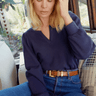 Nation Asher Split Neck Puff Sweatshirt in It's Navy - Estilo Boutique