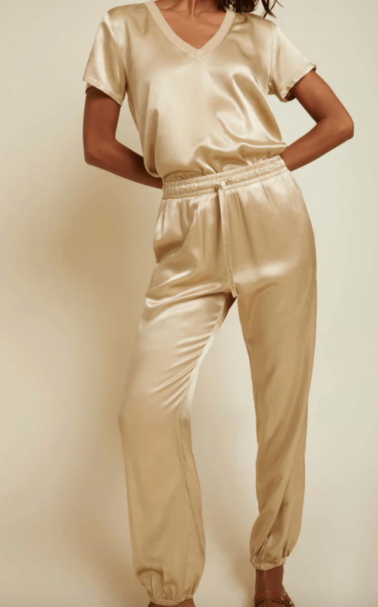 Nation Del Rey Satin Joggers in Toasted Marshmallow - Estilo Boutique