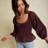 Nation Tiana Ruched Puff Sleeve Peplum Top in Garnet - Estilo Boutique