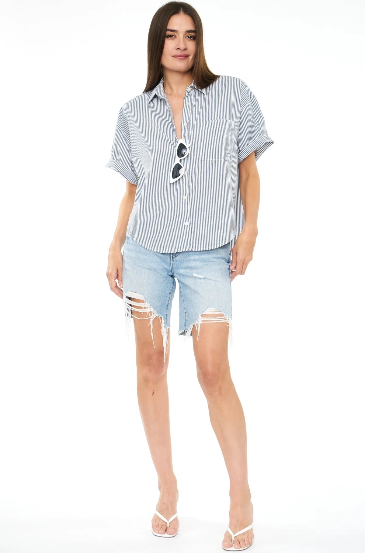 Pistola Cam Short Sleeve Button Down Shirt in Sea Stripe - Estilo Boutique