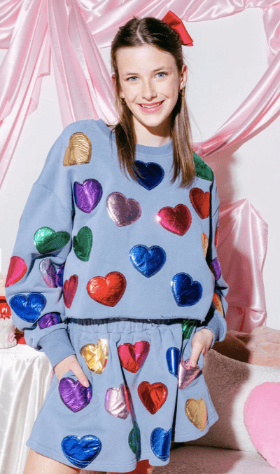 Queen Of Sparkles Rainbow Foil Heart Sweater in Dusty Blue - Estilo Boutique