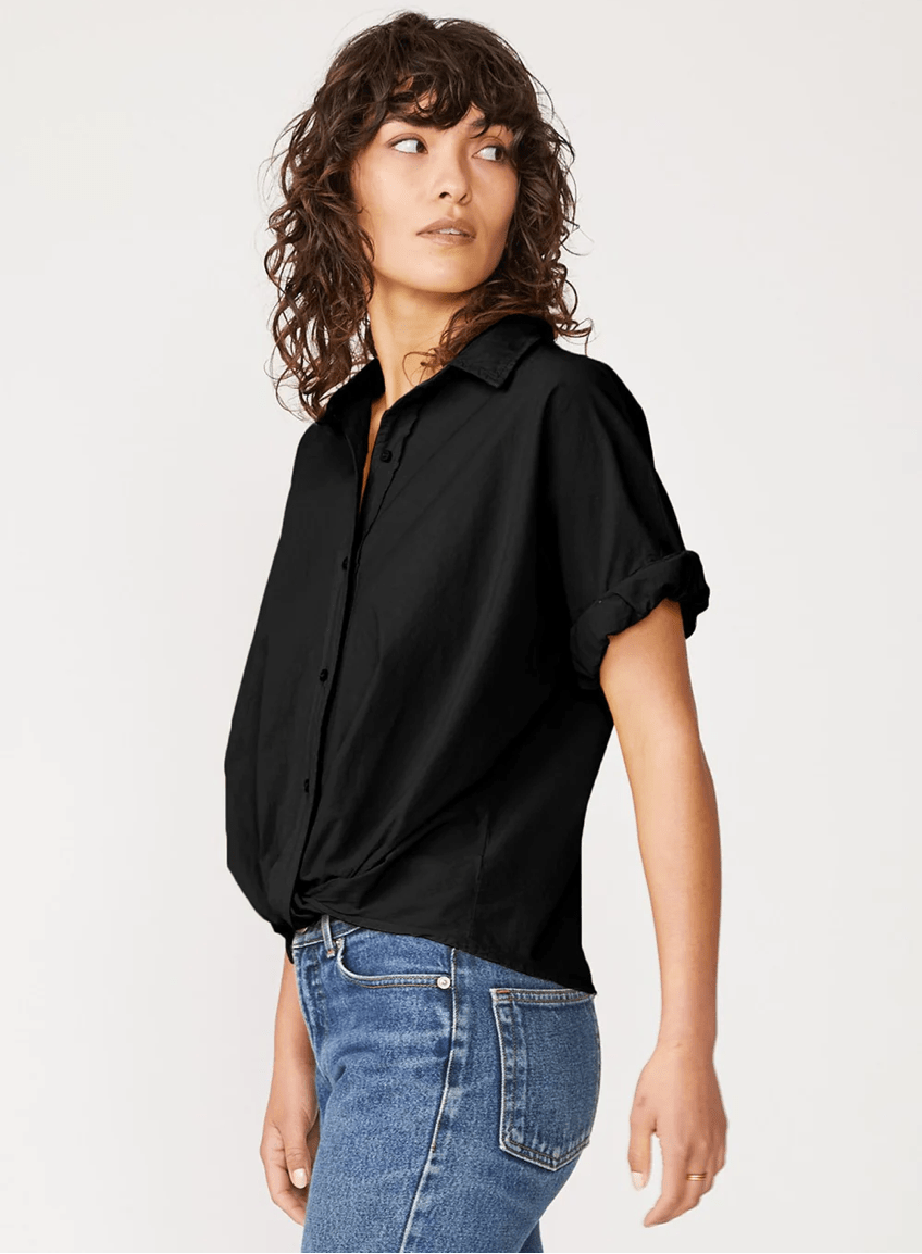 Stateside Poplin Short Sleeve Front Twist Button Up Shirt in Black ...