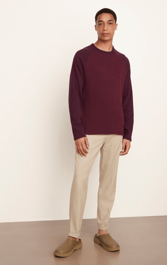 Vince Double Knit Baseball Crew Neck Pullover in Deep Wine
