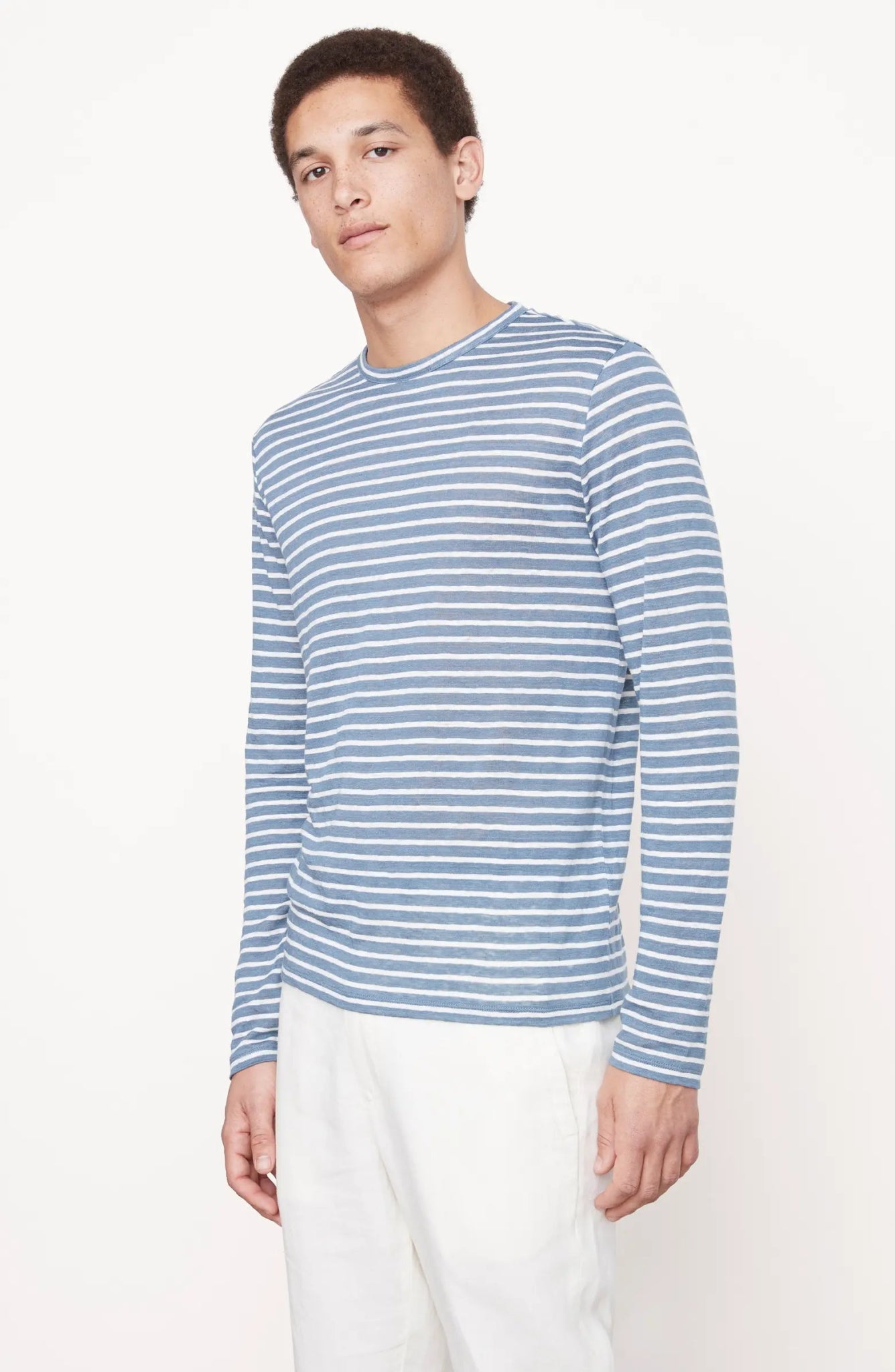 Vince Linen Stripe Crewneck Shirt in Night Blue and Off White - Estilo Boutique