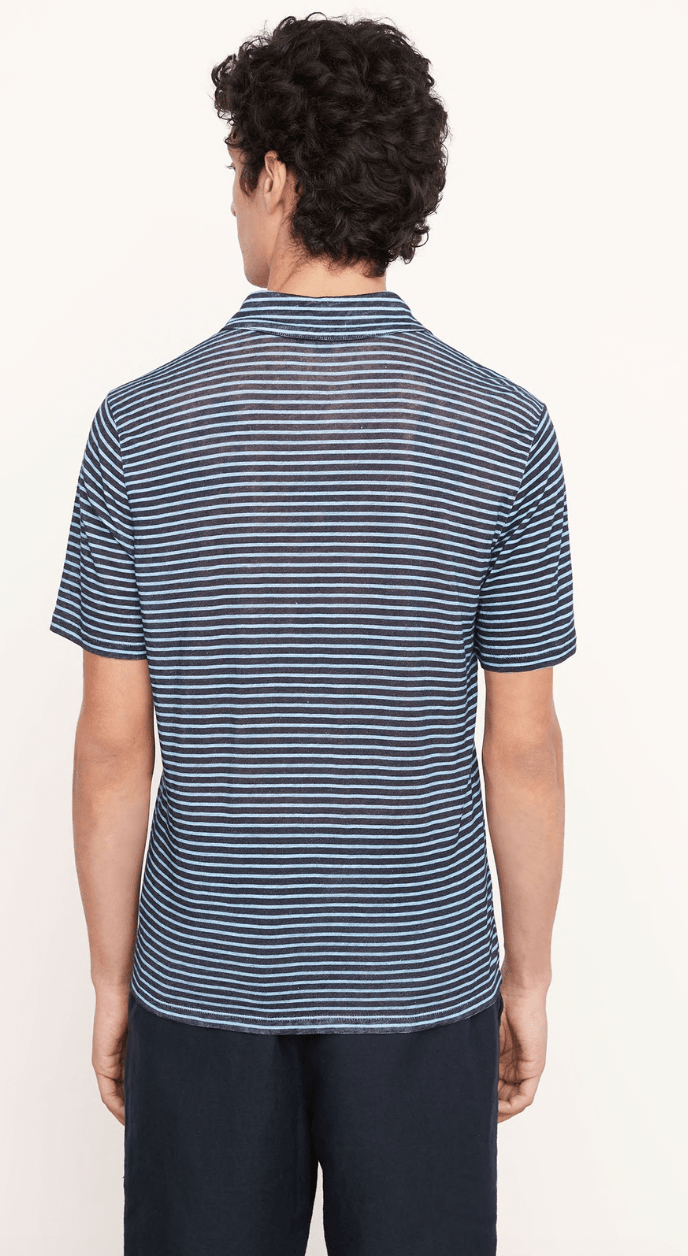 Vince Stripe Linen Polo Shirt in Coastal Blue/Delft - Estilo Boutique